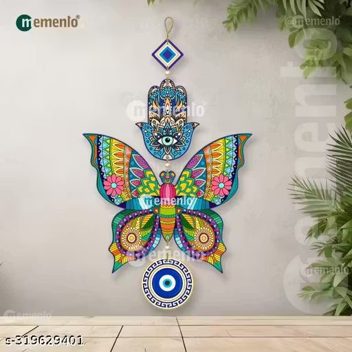 Memento New Trending Wooden Butterfly Evil Eye Hanging for House/Positive Vibes/Hamsa Hand/House Door Entrance/Offices/Decoration/Peace Charm Memento New Trending Wooden Butterfly Evil Eye