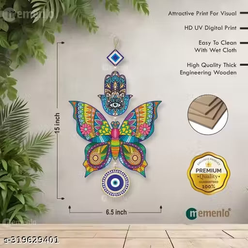 Memento New Trending Wooden Butterfly Evil Eye Hanging for House/Positive Vibes/Hamsa Hand/House Door Entrance/Offices/Decoration/Peace Charm Memento New Trending Wooden Butterfly Evil Eye